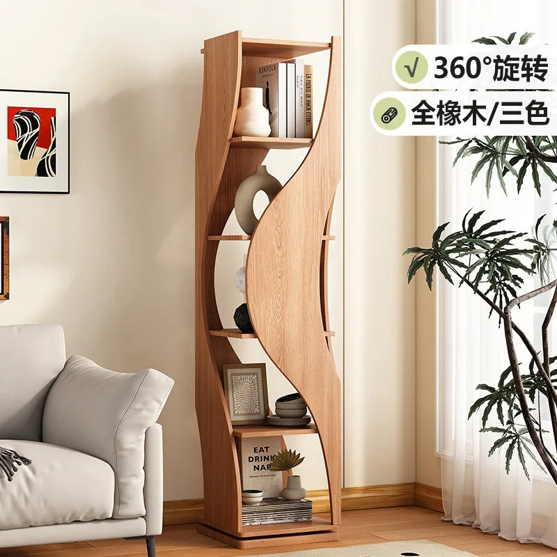 Full oak rotating bookshelf 360 degree bookcase solid wood creative special-shaped living room = shelf