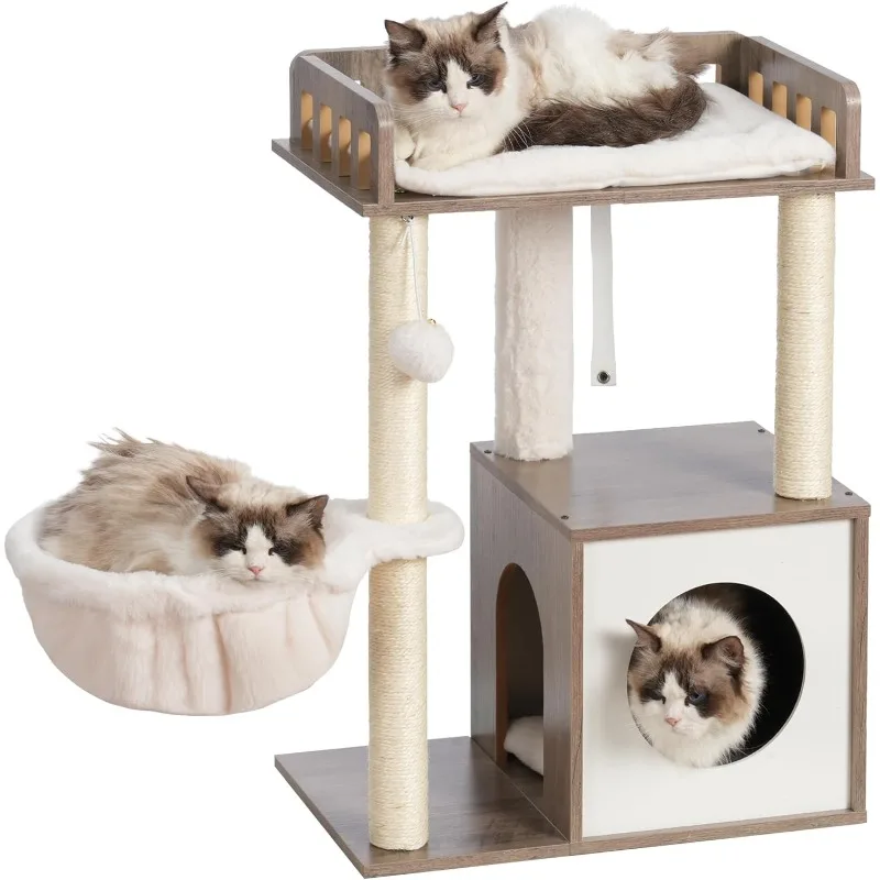 

Cat Tree, Wooden Cat Tower with 3 Scratching Posts, Modern cat Furniture, Condo for Indoor Cats with Wood Cave