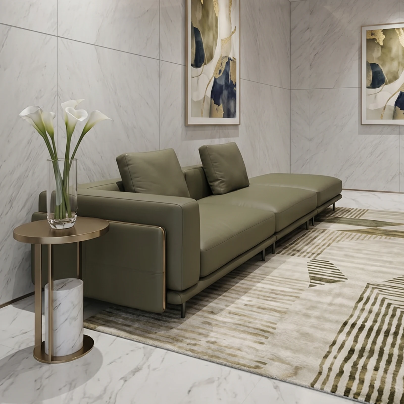 

#Modern Olive Green Sectional Sofa With Chaise Lounge Luxury Leather Living Room Furniture for Home and Hotel