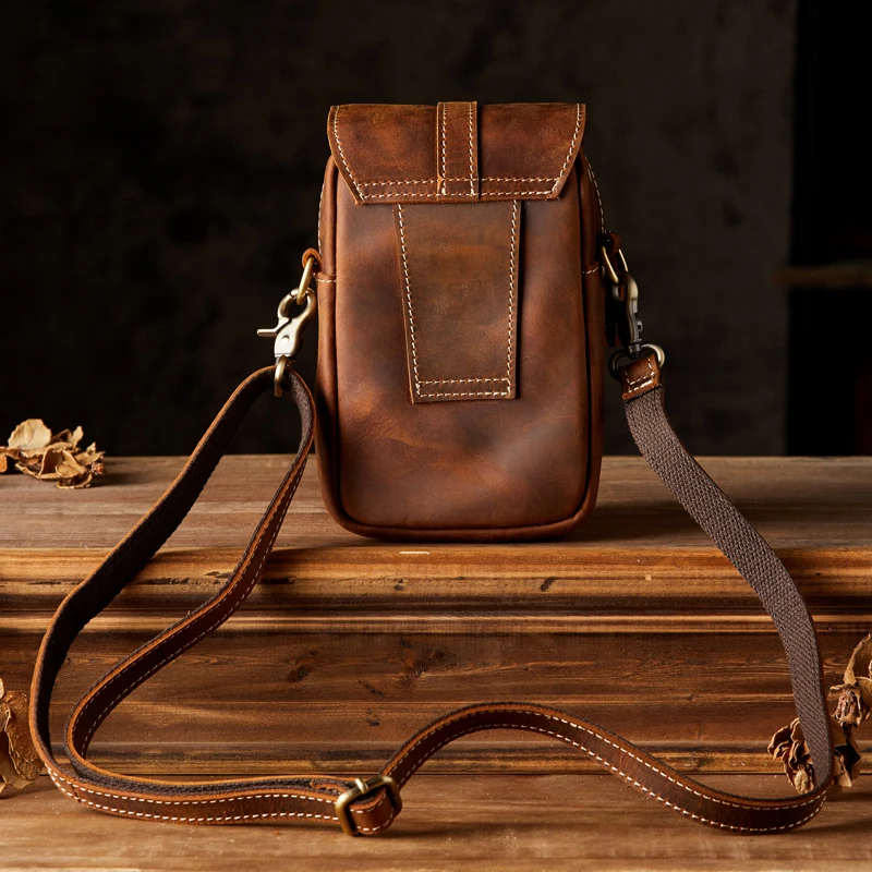 Handmade Genuine Leather Cross body Sling Bag Vintage Cowhide Leather Travel Shoulder Bag Male Casual Outdoor Activity Satchels