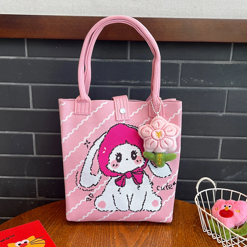 Cute Cartoon Rabbit Knitted Tote Bag, Pink Gift Bag, Multifunctional Large-Capacity Handbag, Can Be Used to Give Gifts to Family, Friends, Classmates, Eco-Friendly Gift Bag, Suitable for Vacation, Shopping, Fashionable Bag for Daily Casual Wear, Carrying Miscellaneous Items, Handbag for Everyday Use