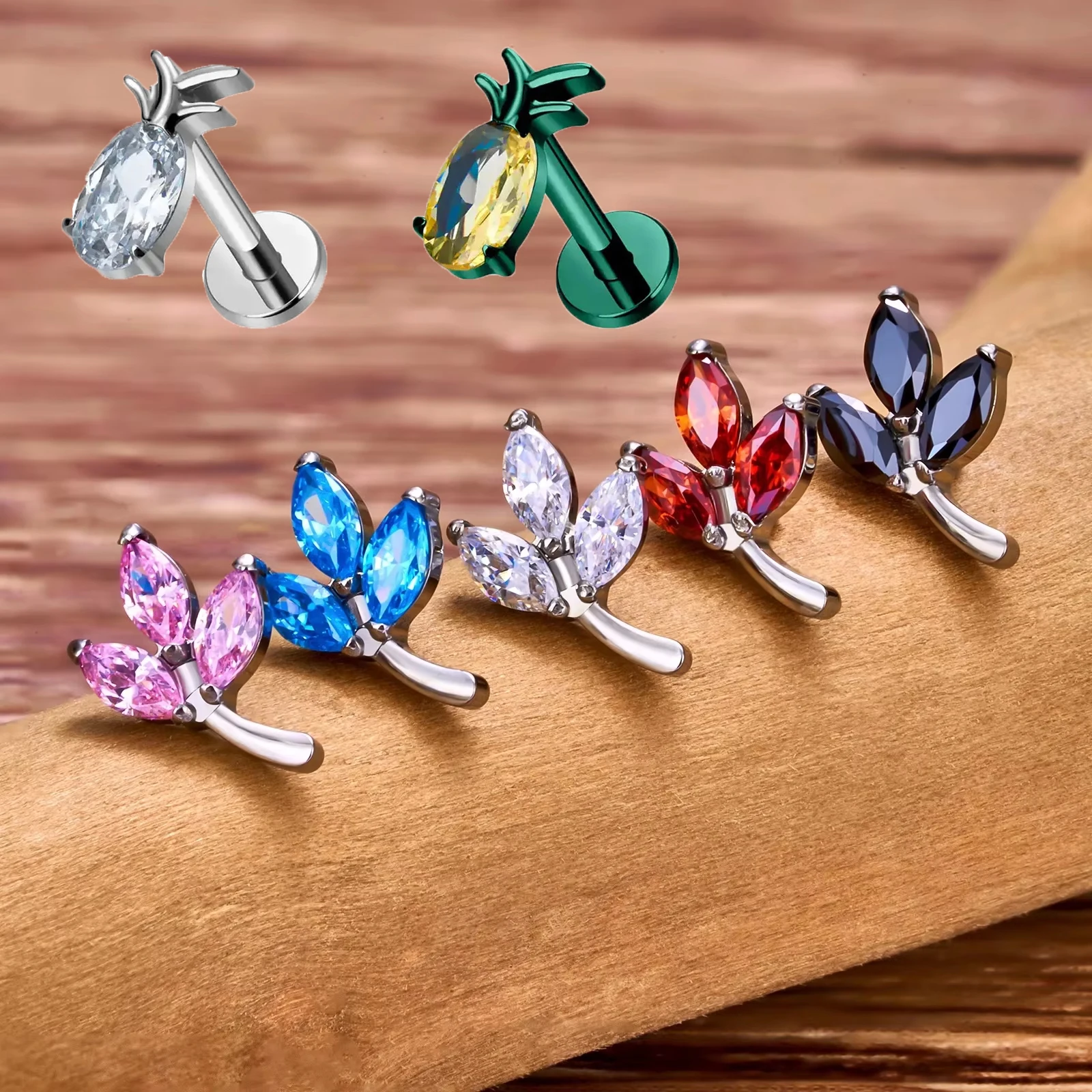 G23 ASTM F136 التيتانيوم الأناناس على شكل الزركون مجوهرات الأذن الغضروف شاشة الأذن الأذن الأظافر الأنف الأظافر الشفاه الأظافر