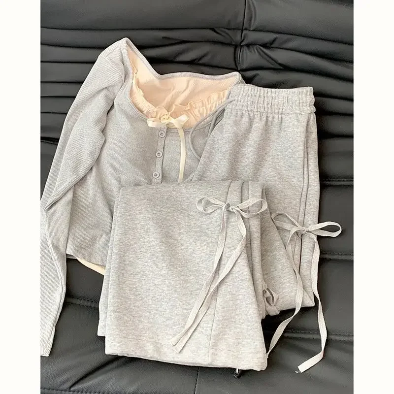 Korean Spring Wear Grey Casual Top Female 2024 New Bow Design Super Sweet High Waist Slim Wide-leg Pants Two-piece Set