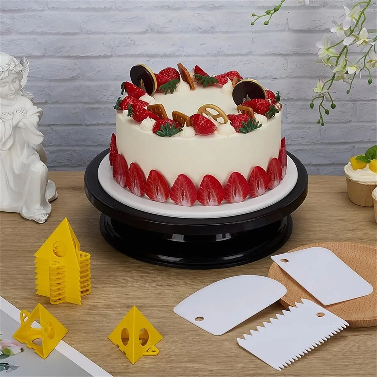 11 Inch Rotate Turntable Sculpting Wheel, with 3Pcs Baking Scraper and 10 Pcs Yellow Stand for Paint Spraying Spinner