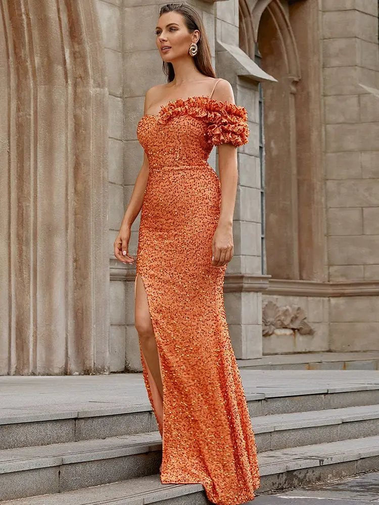 2023 New Women's Sexy Off Shoulder Lotus Leaf Edge Cut Split Thigh Sequins Long Dress Elegant Celebrity Party Dress