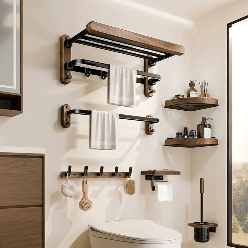 Walnut Wood Folding Towel Rack No Drill Wall Mounted Bathroom Bath Towel Holder Shelf Organizer for Home Hotel bathroom rack