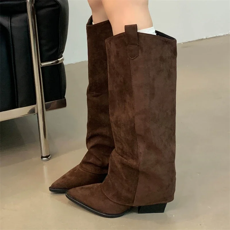 

Aneikeh/модные сапоги до колена из кофейной лайкры с острым носком, женская обувь на квадратном каблуке, современная длинная обувь, Zapatos De Mujer, зимняя обувь