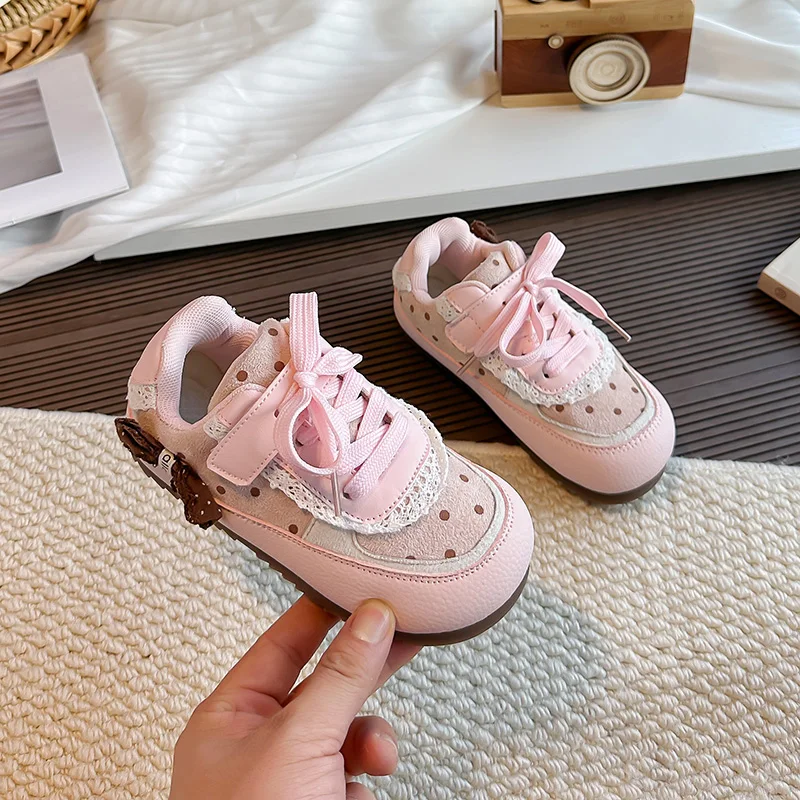 Girls Lace Polka Dot Bow Platform Sneakers, Toddler Style Casual Skate Shoes, Hook & Loop Soft Anti-slip Sole Walking Shoes