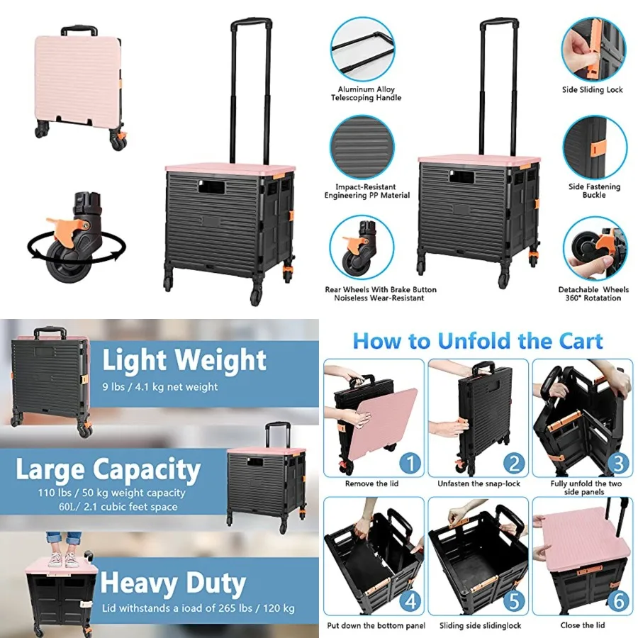 

Foldable Utility Cart Folding Portable Rolling Crate Handcart with Durable Heavy Duty Plastic Telescoping Handle Collapsible 4 Rotate Wheels for Travel Shop Move Luggage Office(Pink