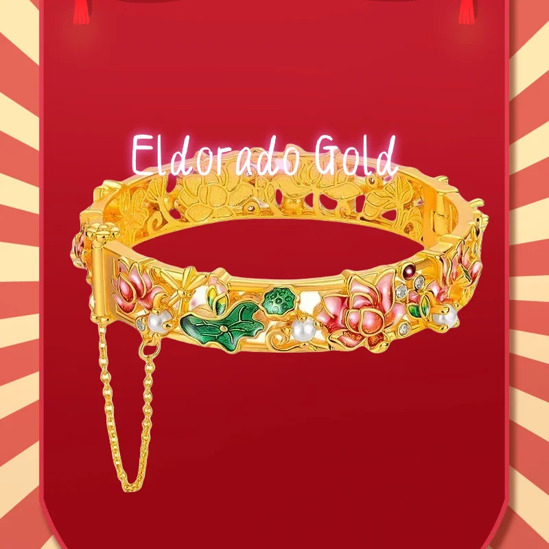 

Premium 9999 Women's Bracelet Real Gold Bracelet 24K Real Gold Ethnic Style Enamel Bracelet Lotus Buckle BraceletValentine's Day
