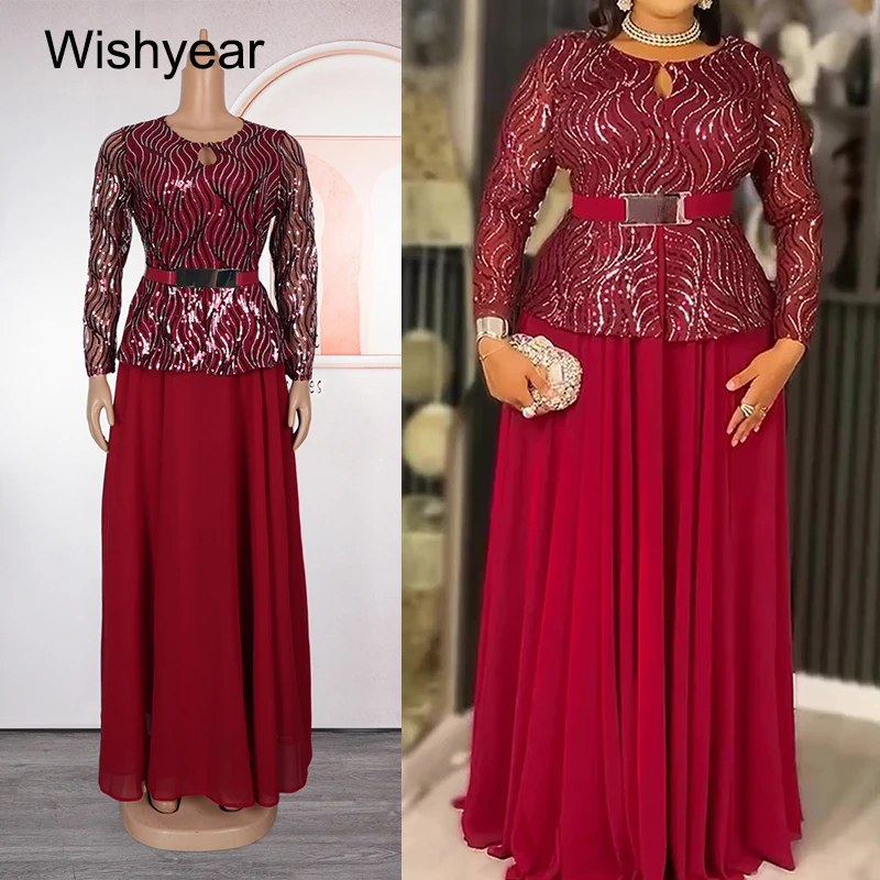 New Luxury Sequined Patchwork pleated Long Dress with Belt Women Long Sleeve Slim Wedding Guest Christmas African Winter Robe