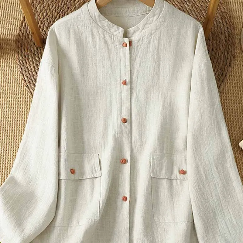 Women Long Sleeve Button Up Blouse Loose Casual Jacket with Pockets Solid Color Girl Top Tea Zen Linen Cotton Stand Collar Shirt