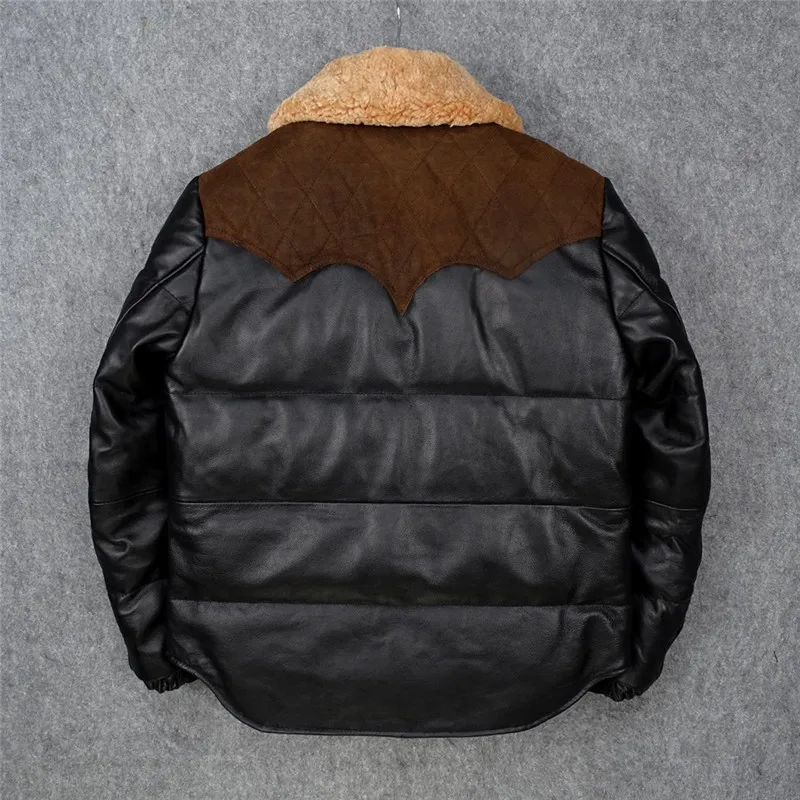 Echtes Leder Herren Daunenjacke Eepskin Kragen Patchwork Busin Casual Sle Reißverschluss Youth Fit Ledermantel