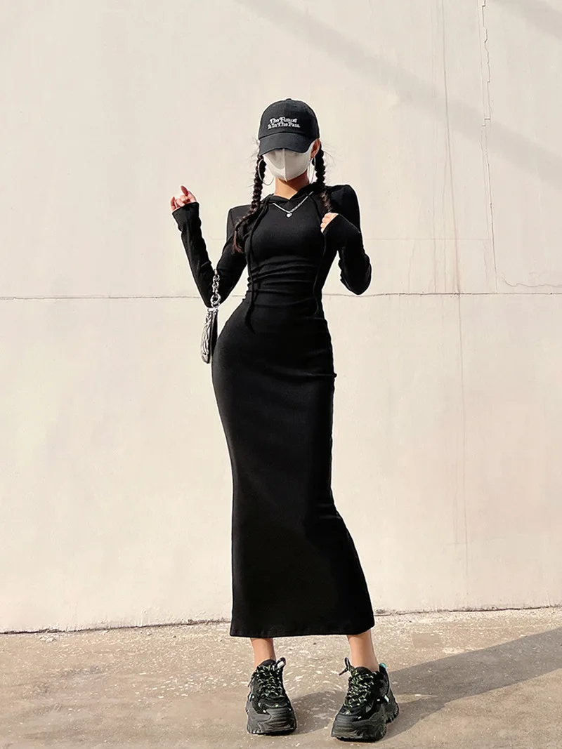 نمط الشارع فتاة حار مقنعين Bodycon فستان طويل الأكمام الرغبة النقية الخصر Cinching التخسيس التفاف حول تنورة طويلة #1