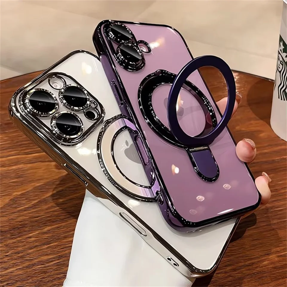 Funda magnética de lujo con soporte para Magsafe para iPhone 16 17 15 14 13 12 11 Pro Max 16 Plus, anillo magnético y acrílico transparente 6