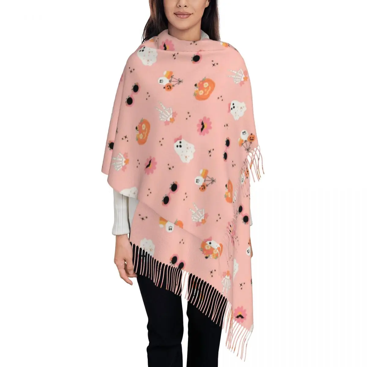 Womens Scarf with Tassel Halloween Ghosts Foral Single-sided Pattern Winter Warm Shawl and Wrap Pumpkin Gifts Cashmere Scarf