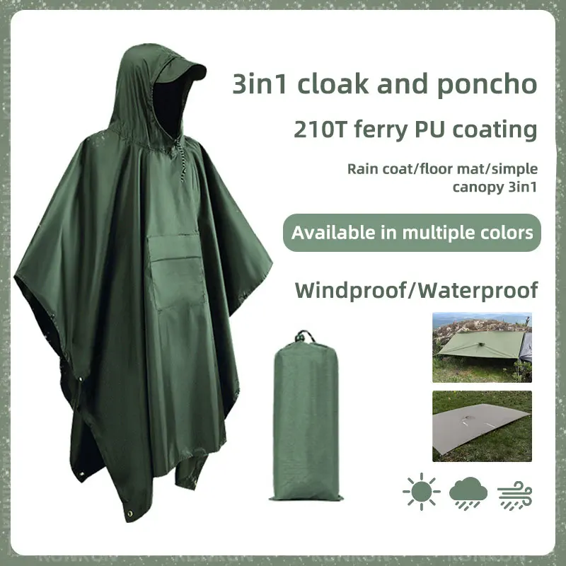 

3 in 1 Raincoat Portable Multifunctional Outdoor Hooded Rain Poncho Hiking Poncho Raincoat Waterproof Outdoor Camping Tent Mat