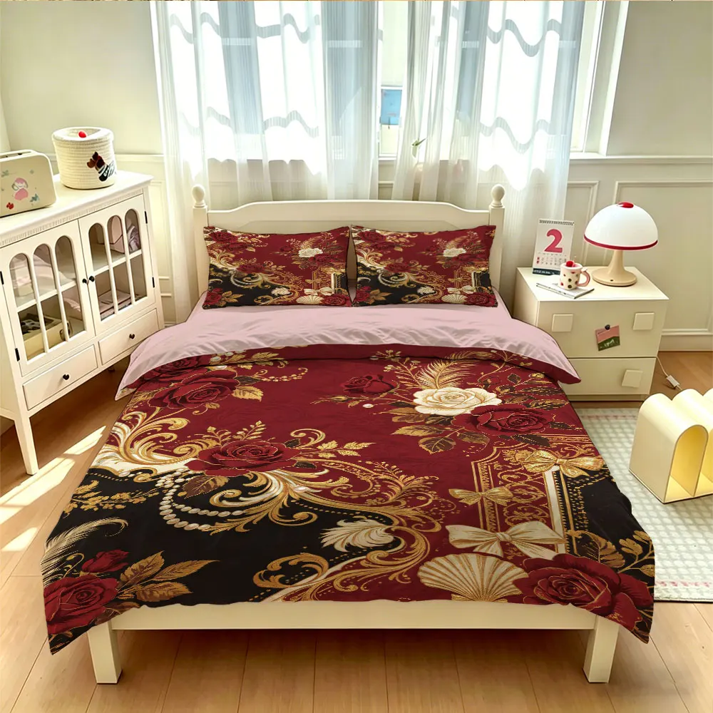 Duvet Cover Set 3Pcs Vintage Red Floral Rose Print Soft Microfiber Bedding with Pillowcases Bedroom Decor