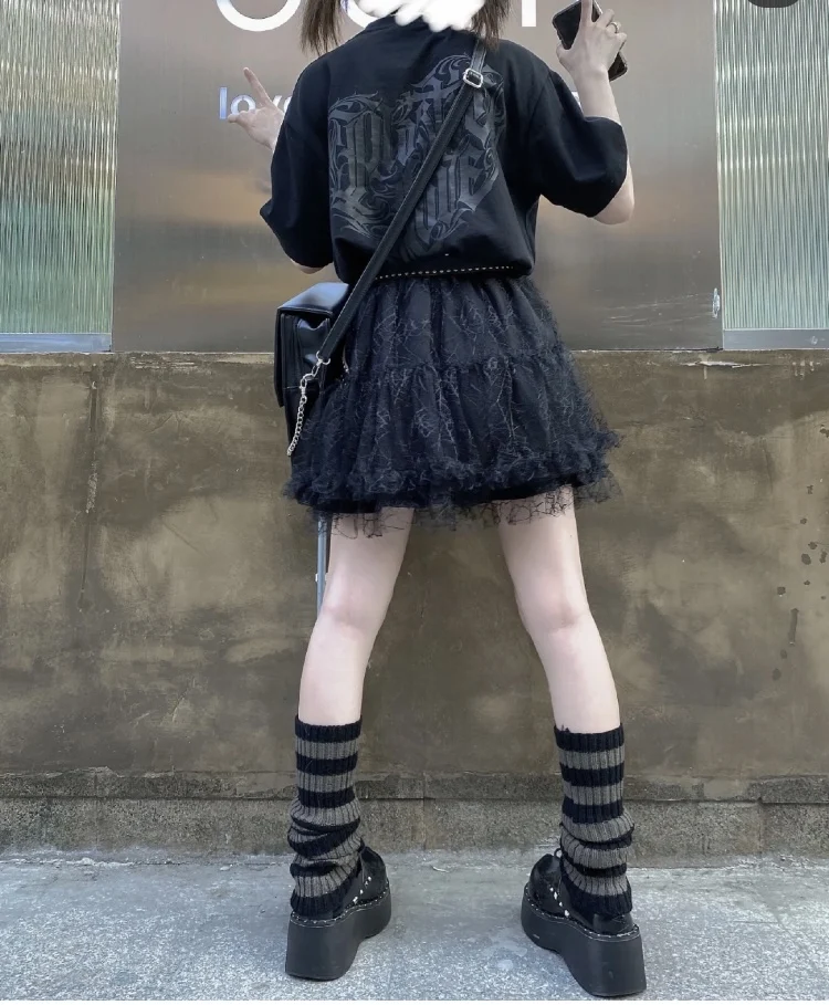 Rok kue renda hitam Gotik rok Tulle pinggang elastis Harajuku Y2k rantai pita A Line rok pendek wanita Lolita Jepang