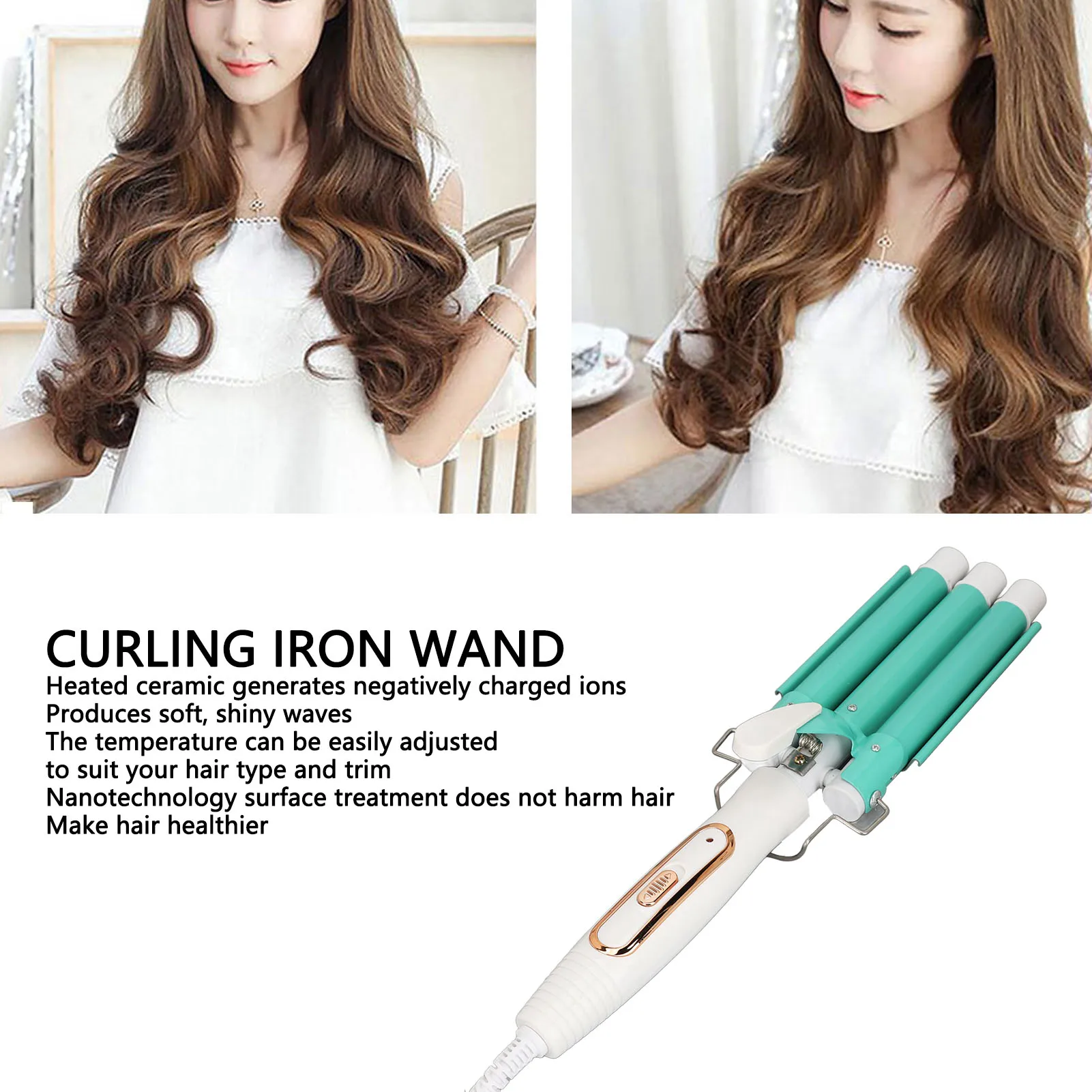 Hair Curling Iron Wand Hair Waver Curling Iron Adjustable Temperature Versatile Rotating Cord Hair Crimper for Home