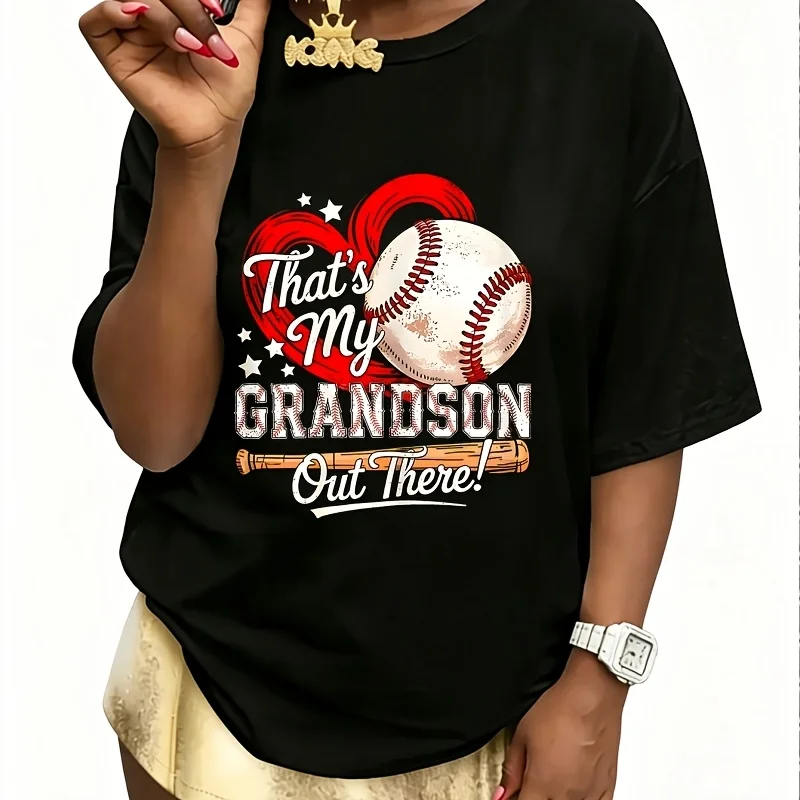 That's My Grandson Out There Baseball Grandma and Grandson Women's 100% Cotton T-Shirt Short Sleeve Top Casual Round Neck Fun Print Tee S-5Xl
