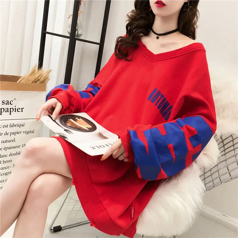 Women\'s Clothing 2023 New Solid Color Letter Casual V-neck Long Sleeve Pullovers Streetwear Fashion Loose Autumn Thin Hoodies