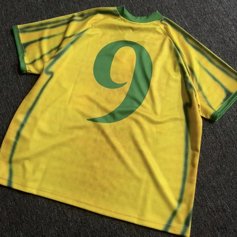Summer Yellow Mesh V-neck NO.9 Jersey Saint Tshirts Green Pattern Letter Print Short Sleeve Men Women Casual Quick-dry Top Tees