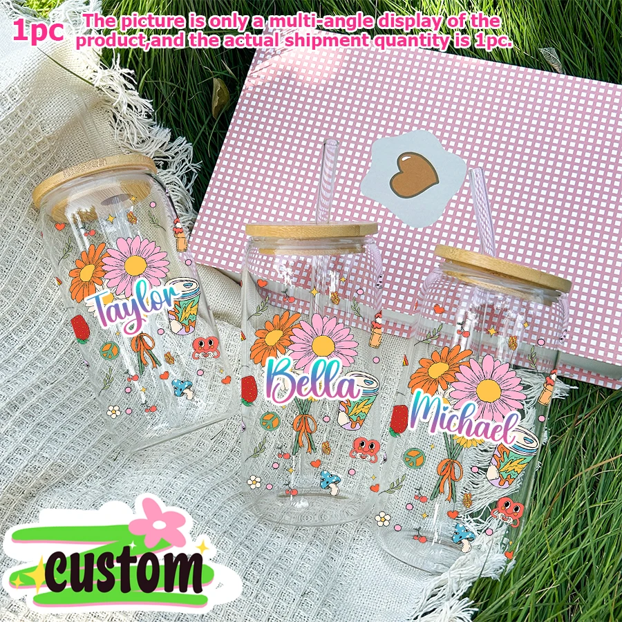 1pc Customized daisy flower strawberry Printed 16oz Glass Cup with Bamboo Lid&straw Drinkware Gifts for Birthday Back-to-School