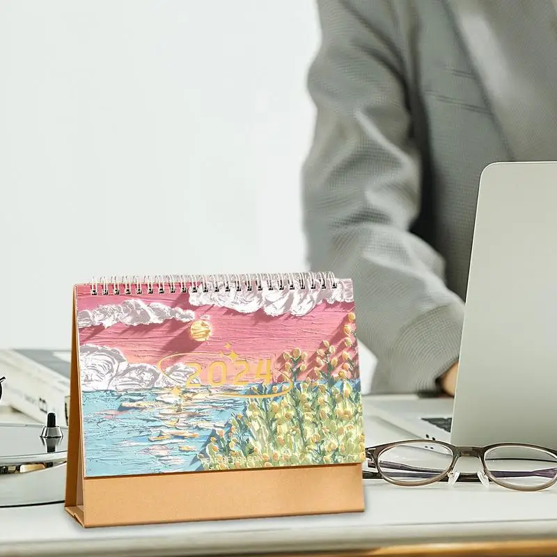 Mini Calendario de escritorio de pie, pintura al óleo, mes, Personal, hogar, aula, escuela, 2024