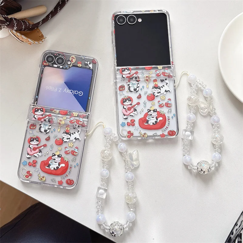 Kawaii الكرتون القط قضية الهاتف لسامسونج غالاكسي Z فليب 7 6 5 4 3 Flip6 Flip7 غطاء مع سلسلة لطيف المفصلي حالات ل ZFlip7 Funda #3