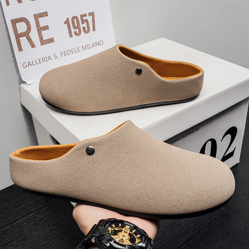 Leather Half Shoes for Men Mules Large Size 39--44 Semi-Drag Loafers Slippers Open-back Casual Shoes Slides Sandal Slip On Flats