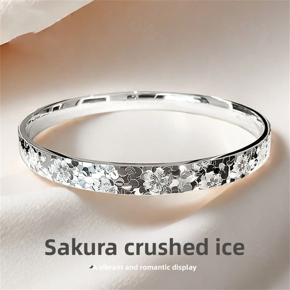 S999 Sterling Silver Closed Bangle for Women Crushed Ice Sakura Bracelet Free Custom Engraving Shiny Jewelry Gift