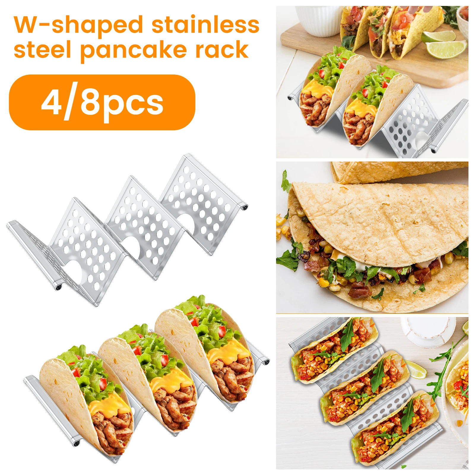 4/8 Pcs Stainless Steel Taco Holders Stackable Taco Stand Taco Serving Tray for Grill Oven Holds Up to 3 Tacos Dishwasher Safe