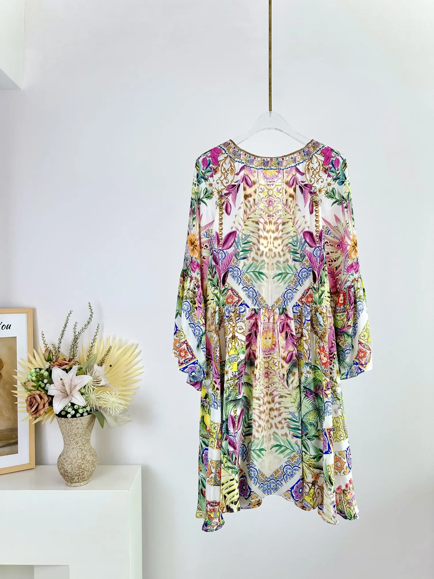 Women Floral Printed V-Neck Long Sleeve Vintage 100% Silk Mini Dress