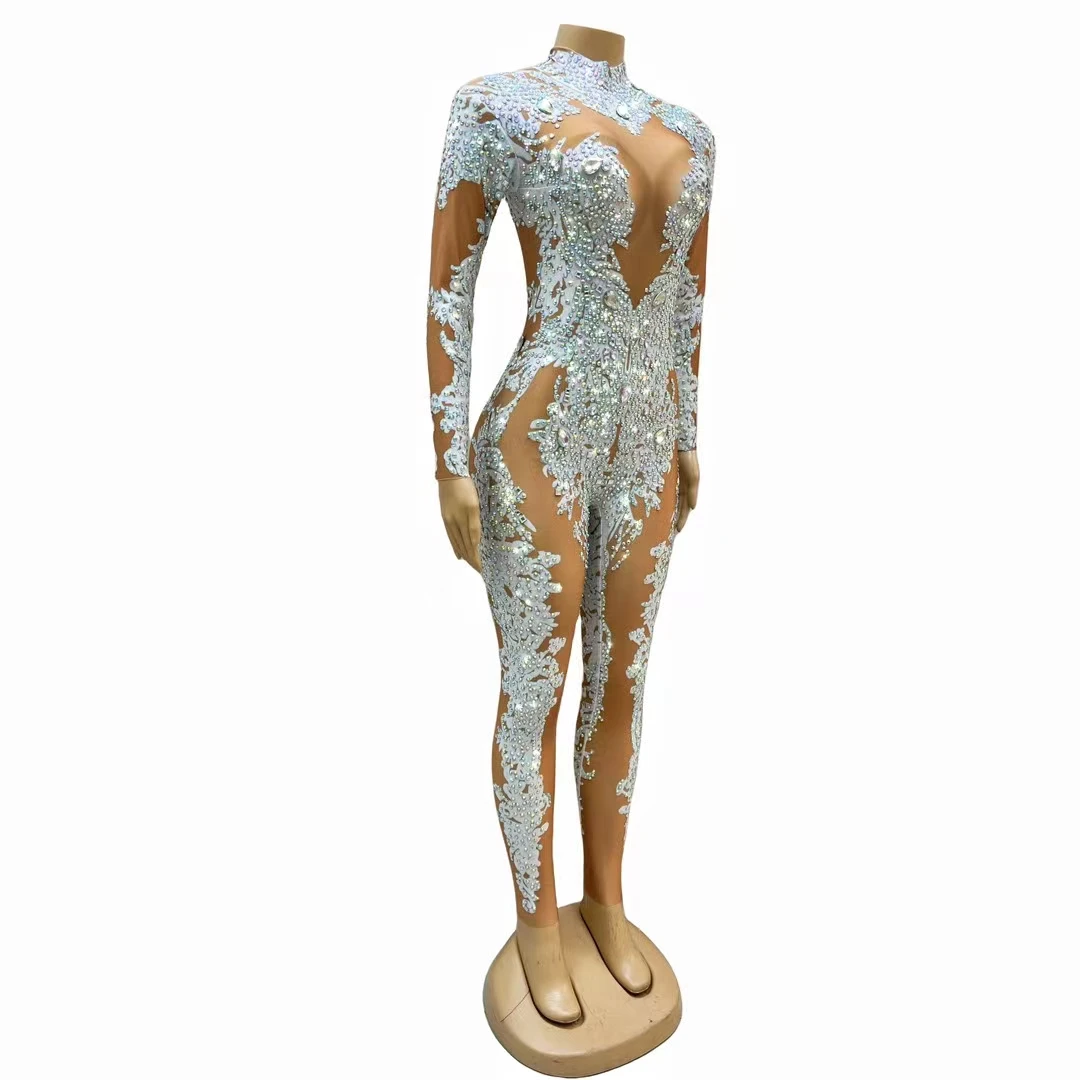 White Jumpsuit Bling Stage Performance Rhinestones Tight Women Singer Dancer Sexy Crystal Leotard Dance Costume Birthday Outfit