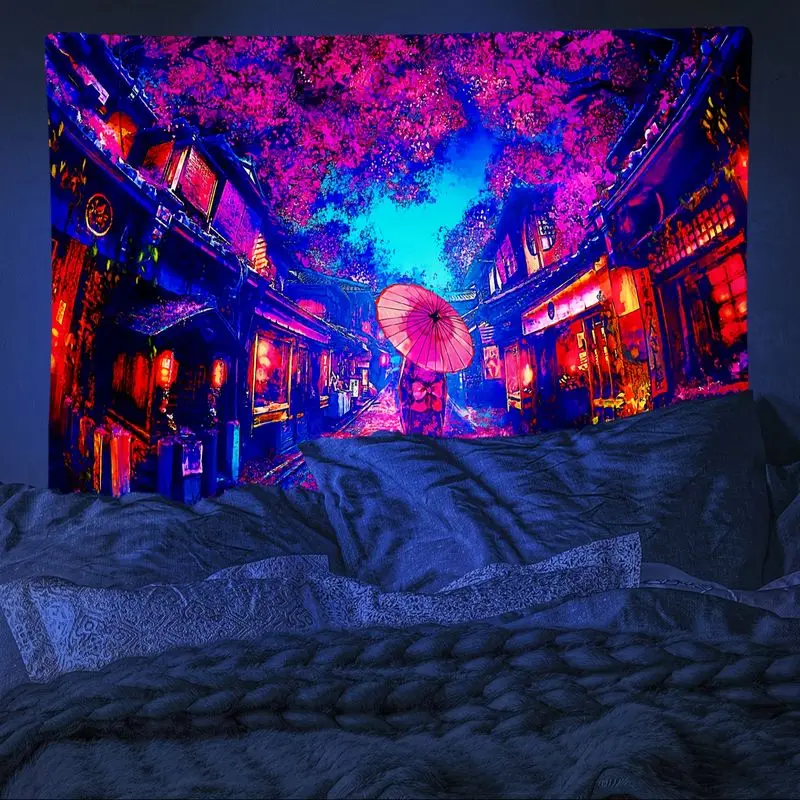 VIKAMA Neon Cherry Blossoms Kimono Women's Japanese Street Tapestry, Artistic Wall Art for Bedroom Living Room