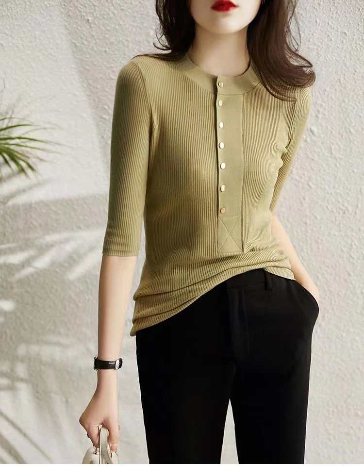 Temperament ice silk knit shirt short sleeve women summer new versatile half sleeve T-shirt slim middle sleeve cotton thread top