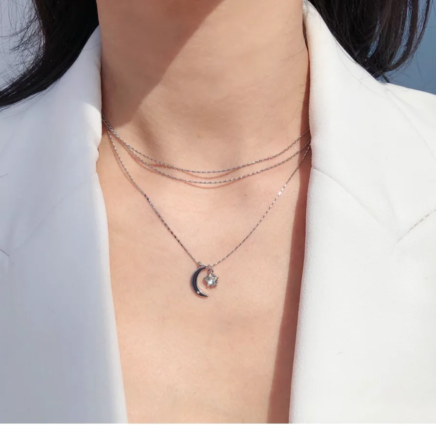 Europe and the United States niche flash diamond stars and the moon multi-layer thin chain sweater chain fashion stacked necklac