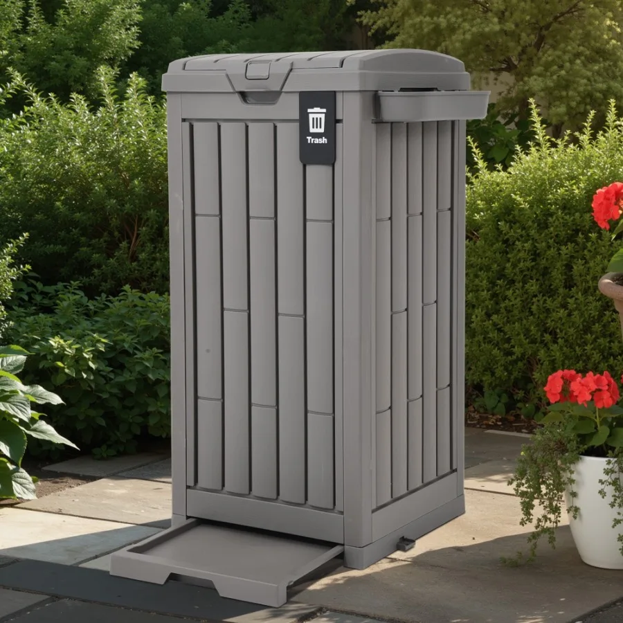 

38 Gallon Outdoor Resin Trash Can with Lid Featuring Sorting Labels Ash Holder Stakes and Suction Cups for Hideaway Storage Sol