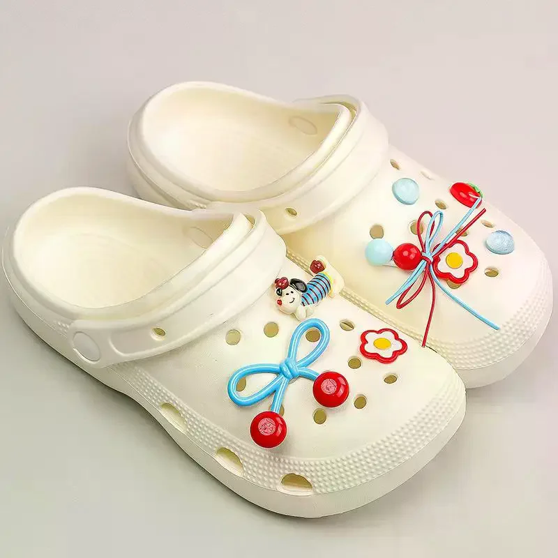 1Set Retro Red Blue Flower Bow Bead Shoes Charms Set Aesthetic Shoe Decorations Accessories For Clogs Sandals Teens Gifts