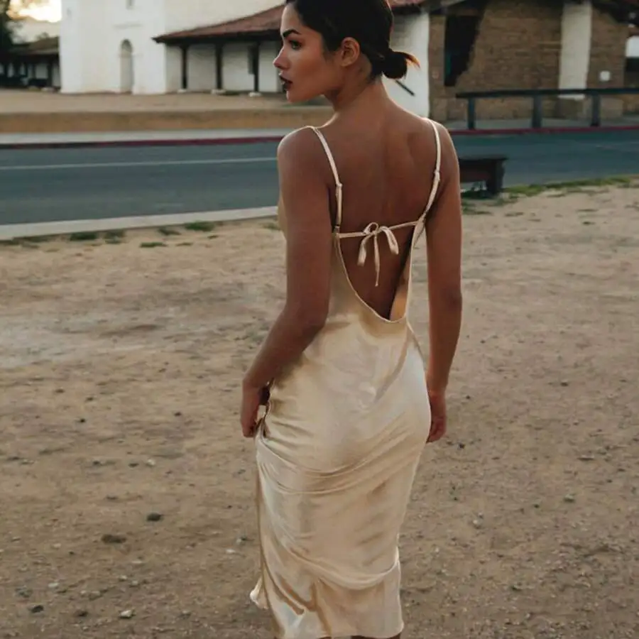 Women Satin Spaghetti Strap Backless Mermaid Maxi Dress
