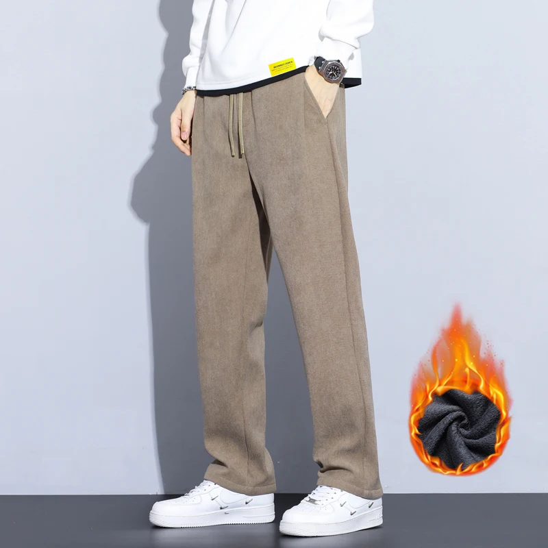 Kaffee Khaki Schwarz Grau Lose Beiläufige Hosen Männer Winter Fleece Thermische Mode Hosen Dicke Samt Gerade Breite Bein Jogginghose