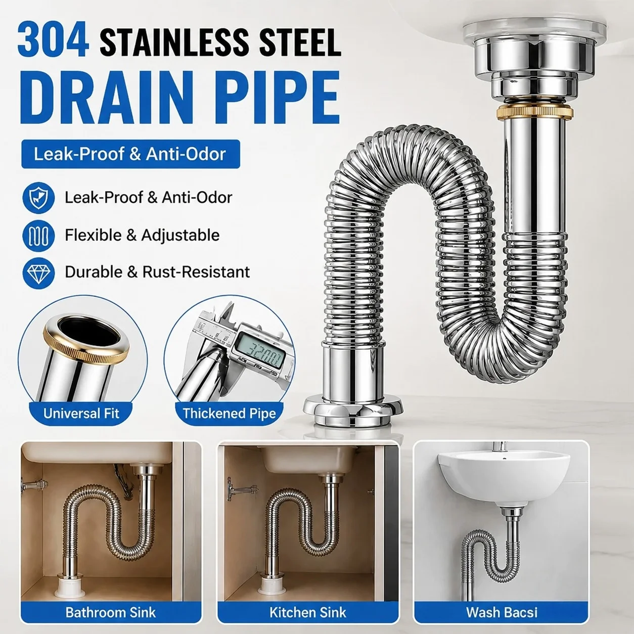 

Flexible 304 Stainless Steel Drain Pipe – Anti-Odor Anti-Clog Universal Sink Hose for Kitchen Counter & Bathroom Basin