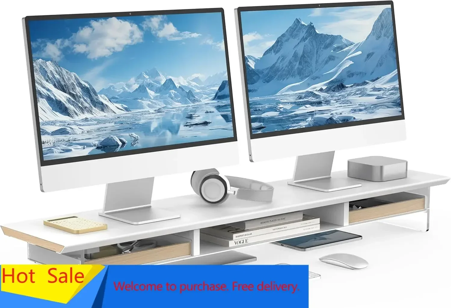 42.5” Dual Monitor Stand with 2 Drawers, Metal Wood Monitor Riser with Acrylic Legs, 2-Tier Desktop Shelf Storage Organizer for