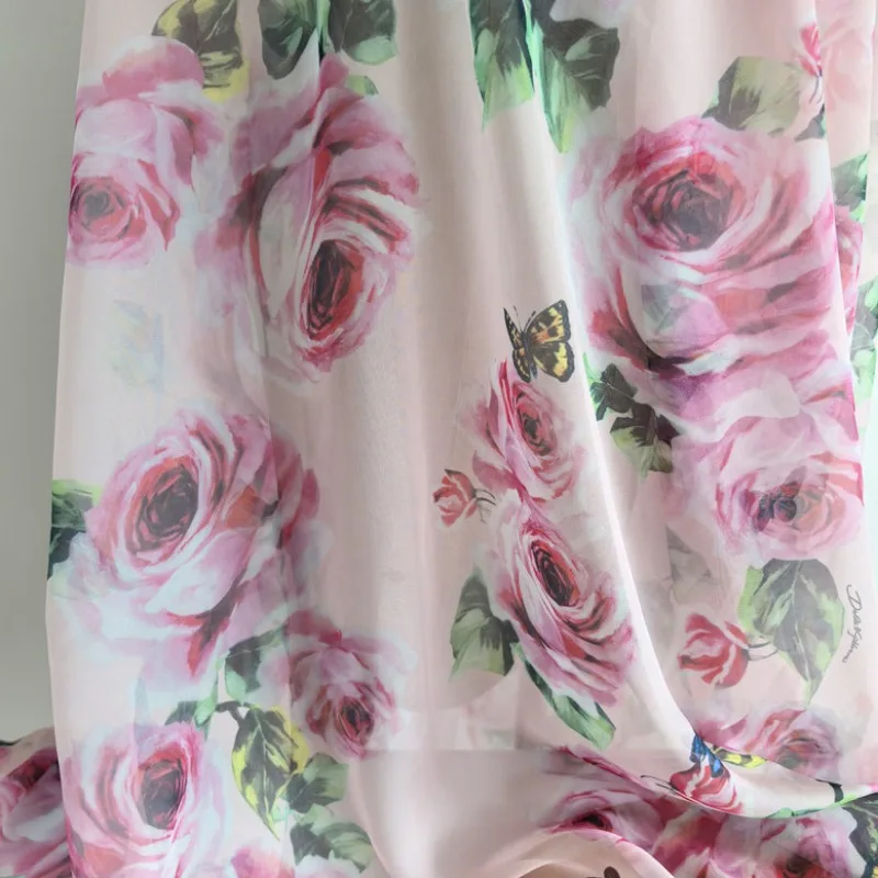 Pink Black Rose Butterfly Printed Chiffon Fabric Sheer Soft Cloth for Dress Skirt Hanfu Doll Clothes Sewing Material 150cm Width