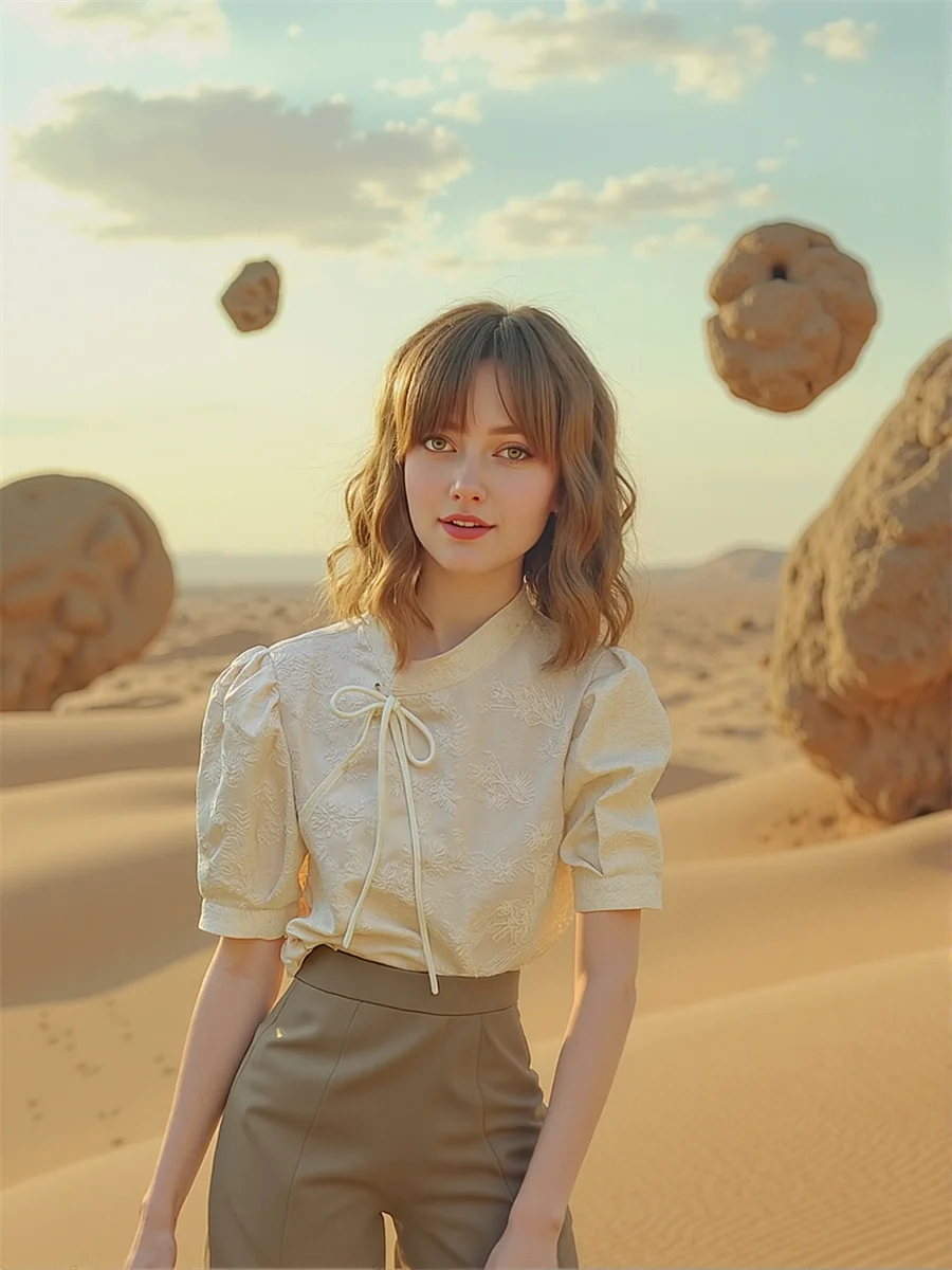 중국 스타일 불규칙 블라우스 여성용 로맨틱 보헤미안 프린트 패치워크 메쉬 밴디지 허리 스윗 트렌디 홀리데이 랜턴 슬리브