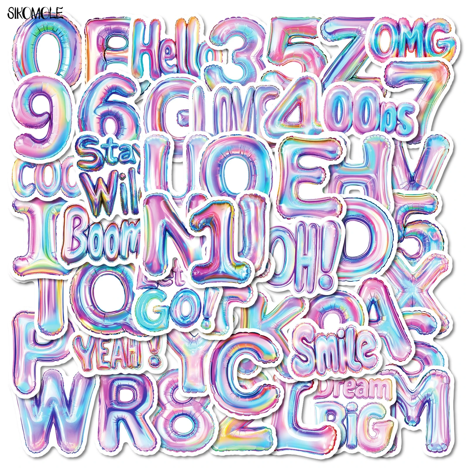 10/30/50PCS English Alphanumeric Colored Aluminum Foil Balloon Graffiti Stickers Aesthetic DIY Toy Travel Luggage Sticker Pack