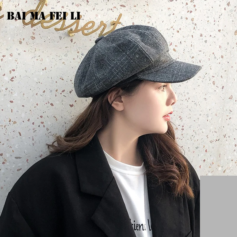 Retro Fashion Women's Newsboy Hats Plaid Octagonal Beret Cap Tweed Outdoor Visor Baker Beret Cabbie Cap Ladies