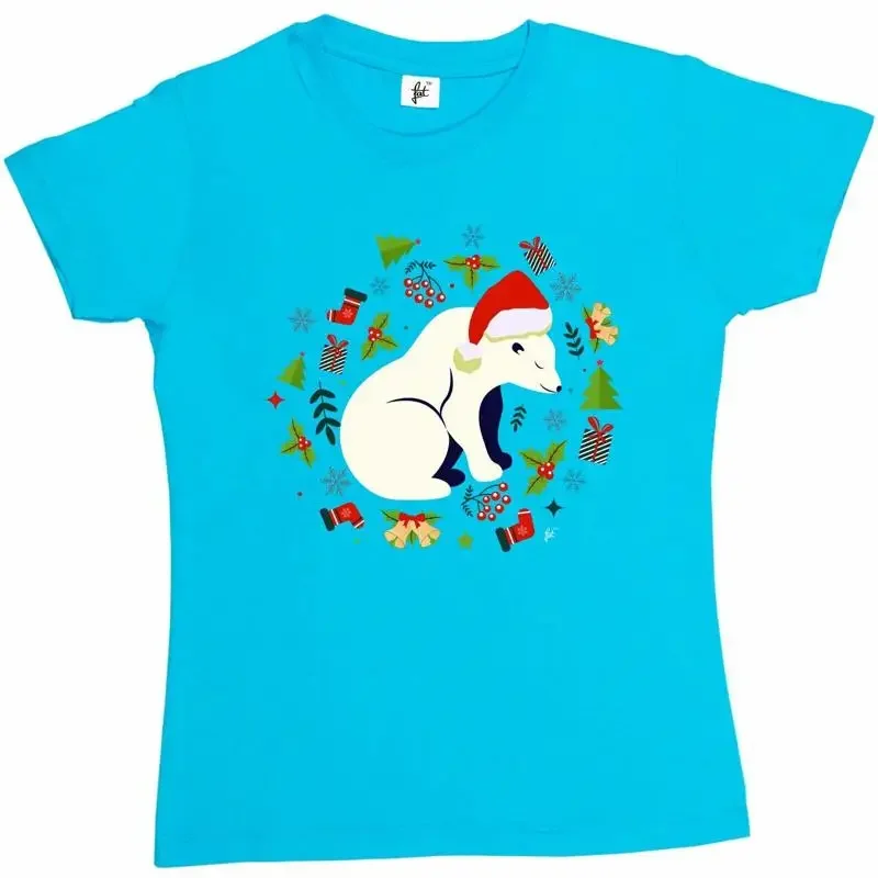 Polar Bear Christmas Wreath Tree Stockings Holly Womens Boyfriend Fit T Shirt