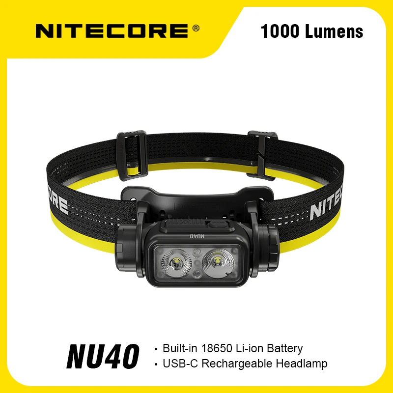 NITECORE NU40 Headlamp 1000Lumens USB-C Rechargeable Headlight White Red Light Trail Running Work Fishing Lamp Built-in Battery